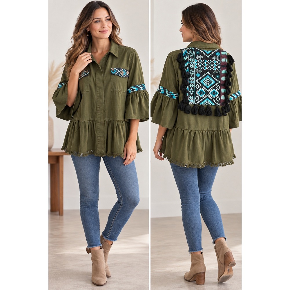 Beautiful Stories Inika Jacket Olive Embroidered Aztec Boho Western Festival NWT